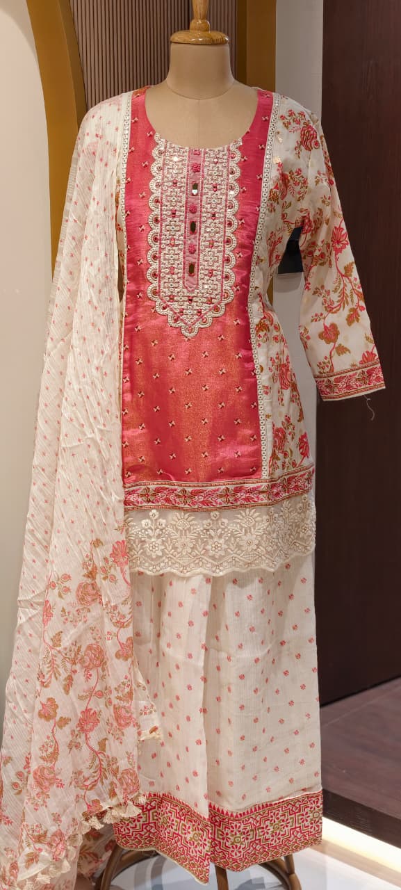 Fuchsia Rose Petal Lace-Trimmed Kurta & Palazzo Set With Floral Dupatta-13507