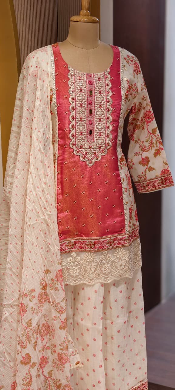 Fuchsia Rose Petal Lace-Trimmed Kurta & Palazzo Set With Floral Dupatta-13507