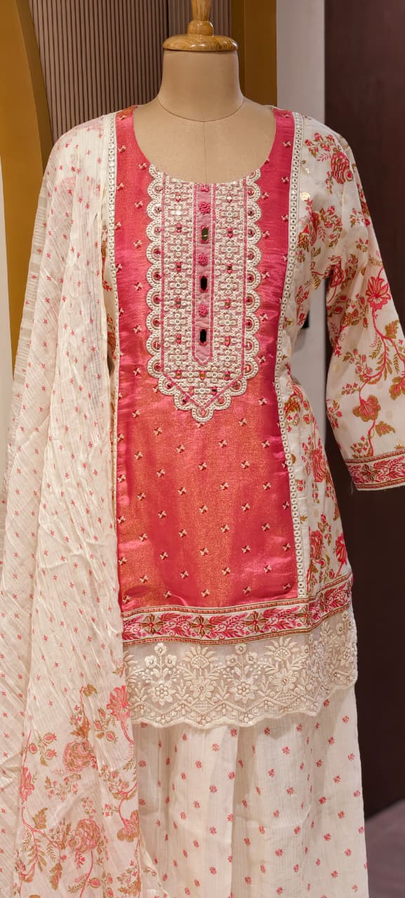 Fuchsia Rose Petal Lace-Trimmed Kurta & Palazzo Set With Floral Dupatta-13507