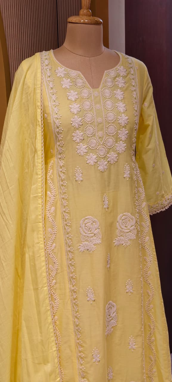 Pure Thread Embroidery Chikankari Anarkali Full Suit Set With Dupatta In Cotton Fabric-13506