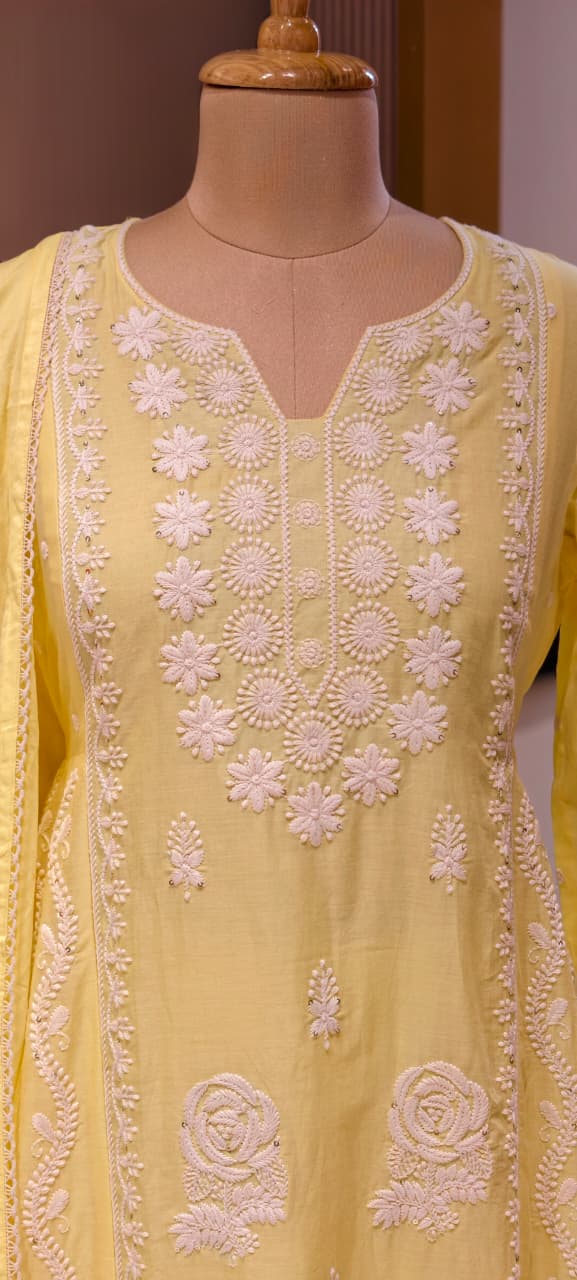 Pure Thread Embroidery Chikankari Anarkali Full Suit Set With Dupatta In Cotton Fabric-13506