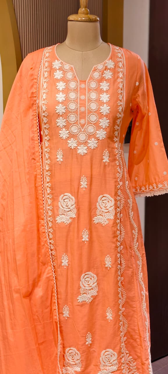 Pure Thread Embroidery Chikankari Anarkali Full Suit Set With Dupatta In Cotton Fabric-13506