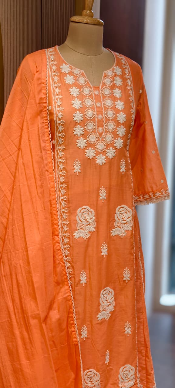 Pure Thread Embroidery Chikankari Anarkali Full Suit Set With Dupatta In Cotton Fabric-13506