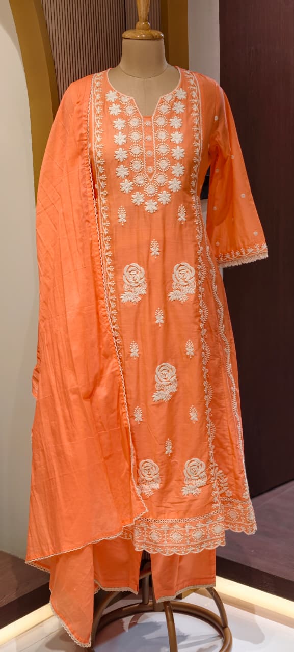 Pure Thread Embroidery Chikankari Anarkali Full Suit Set With Dupatta In Cotton Fabric-13506