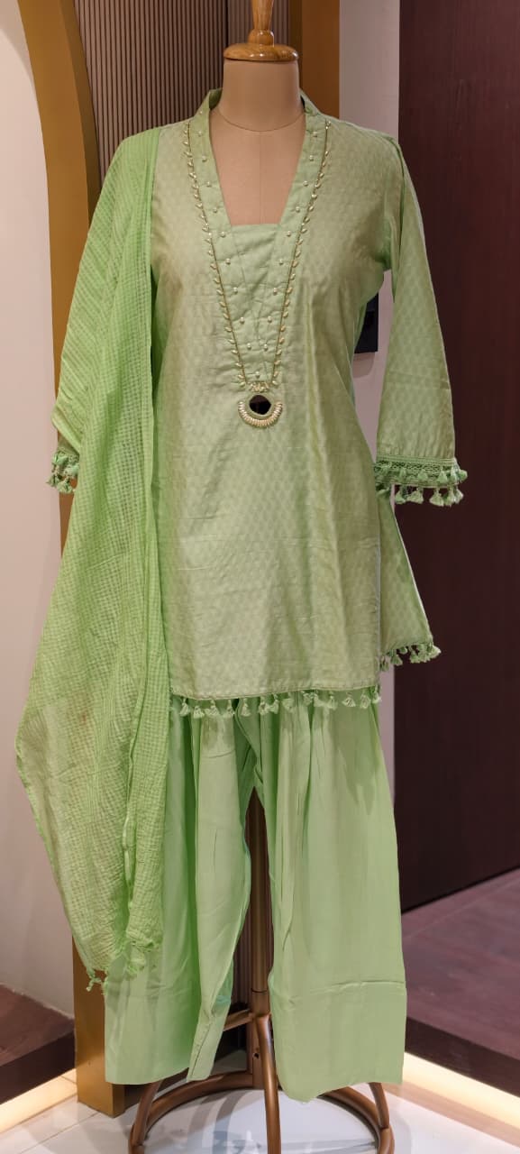 Very Smart & Elegant Soft Look A-Line Short Kurta With Farshi Bottom & Dupatta In Glaze Cotton Fabric- 13492
