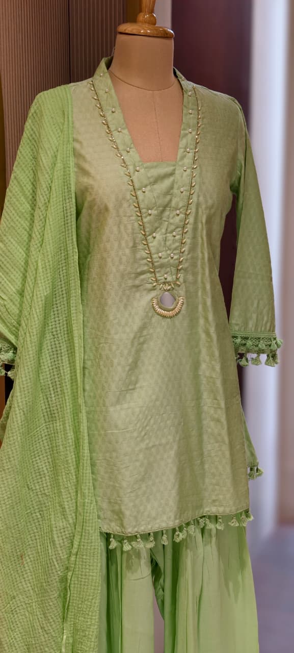 Very Smart & Elegant Soft Look A-Line Short Kurta With Farshi Bottom & Dupatta In Glaze Cotton Fabric- 13492