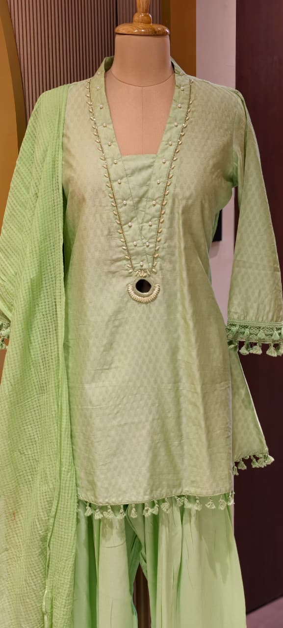 Very Smart & Elegant Soft Look A-Line Short Kurta With Farshi Bottom & Dupatta In Glaze Cotton Fabric- 13492