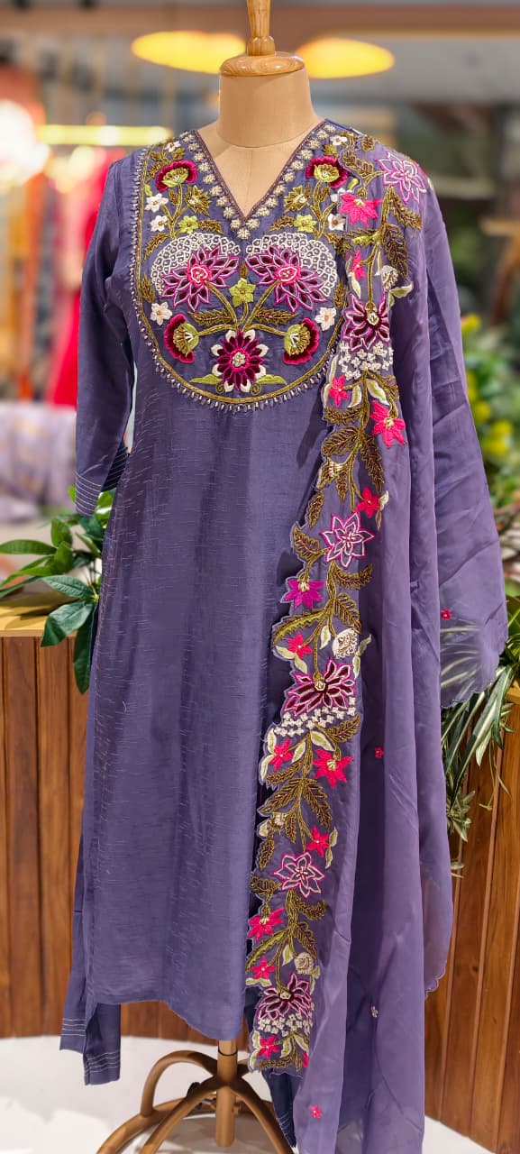 Floral Blossom Accents Embroidery Scalloped Lace Hemline A-Line Full Suit With Dupatta In Dola Silk Fabric- 13448