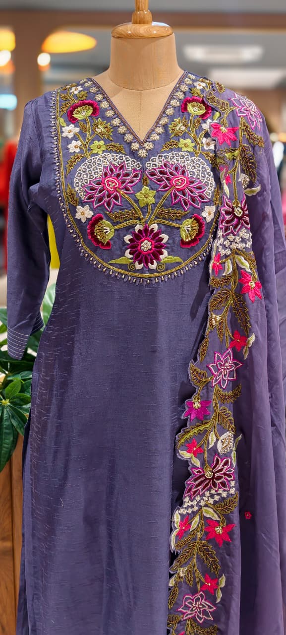 Floral Blossom Accents Embroidery Scalloped Lace Hemline A-Line Full Suit With Dupatta In Dola Silk Fabric- 13448