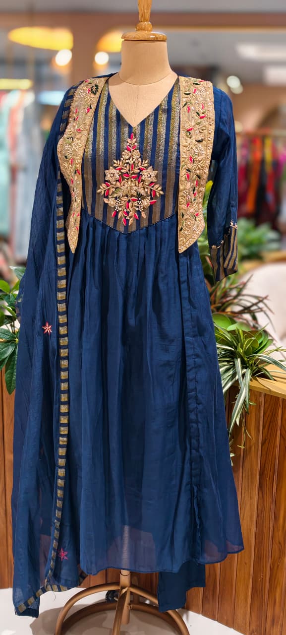 Royal Blush Banarasi Mul Chanderi Floral Ensemble A-Line Full Suit Set With Dupatta- 13449