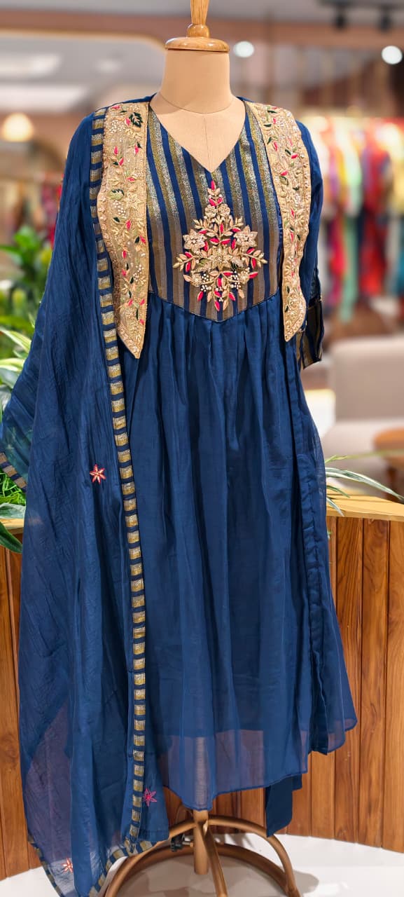 Royal Blush Banarasi Mul Chanderi Floral Ensemble A-Line Full Suit Set With Dupatta- 13449