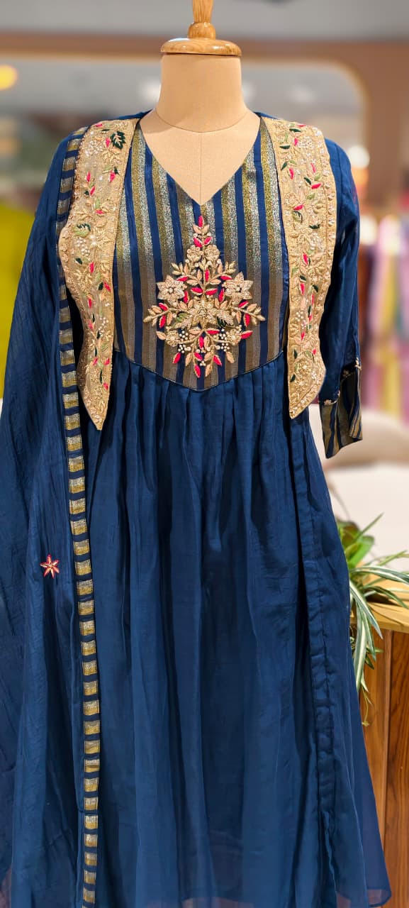 Royal Blush Banarasi Mul Chanderi Floral Ensemble A-Line Full Suit Set With Dupatta- 13449