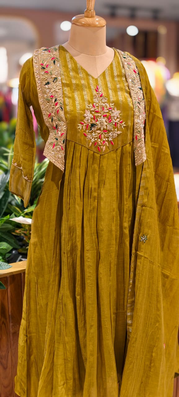 Royal Blush Banarasi Mul Chanderi Floral Ensemble A-Line Full Suit Set With Dupatta- 13449