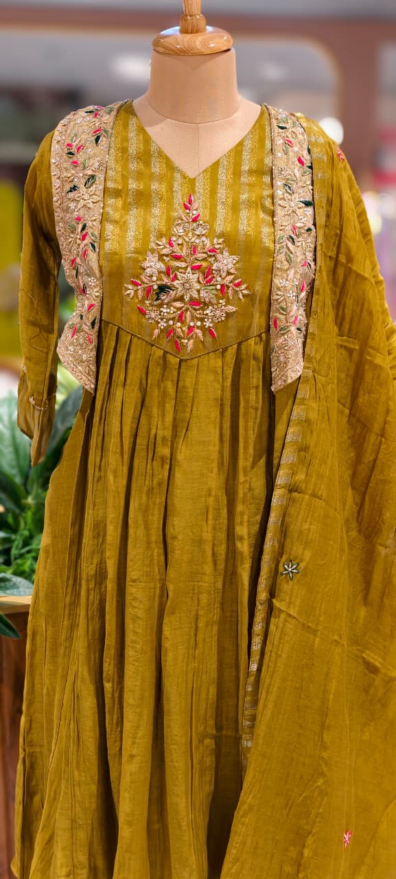 Royal Blush Banarasi Mul Chanderi Floral Ensemble A-Line Full Suit Set With Dupatta- 13449