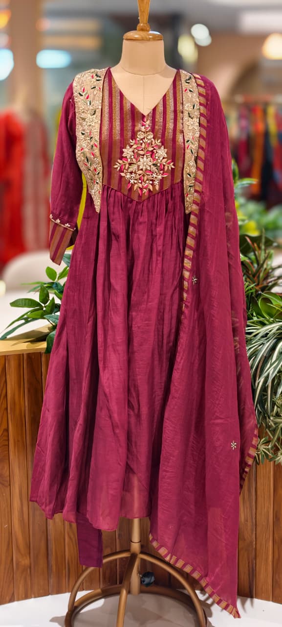 Royal Blush Banarasi Mul Chanderi Floral Ensemble A-Line Full Suit Set With Dupatta- 13449