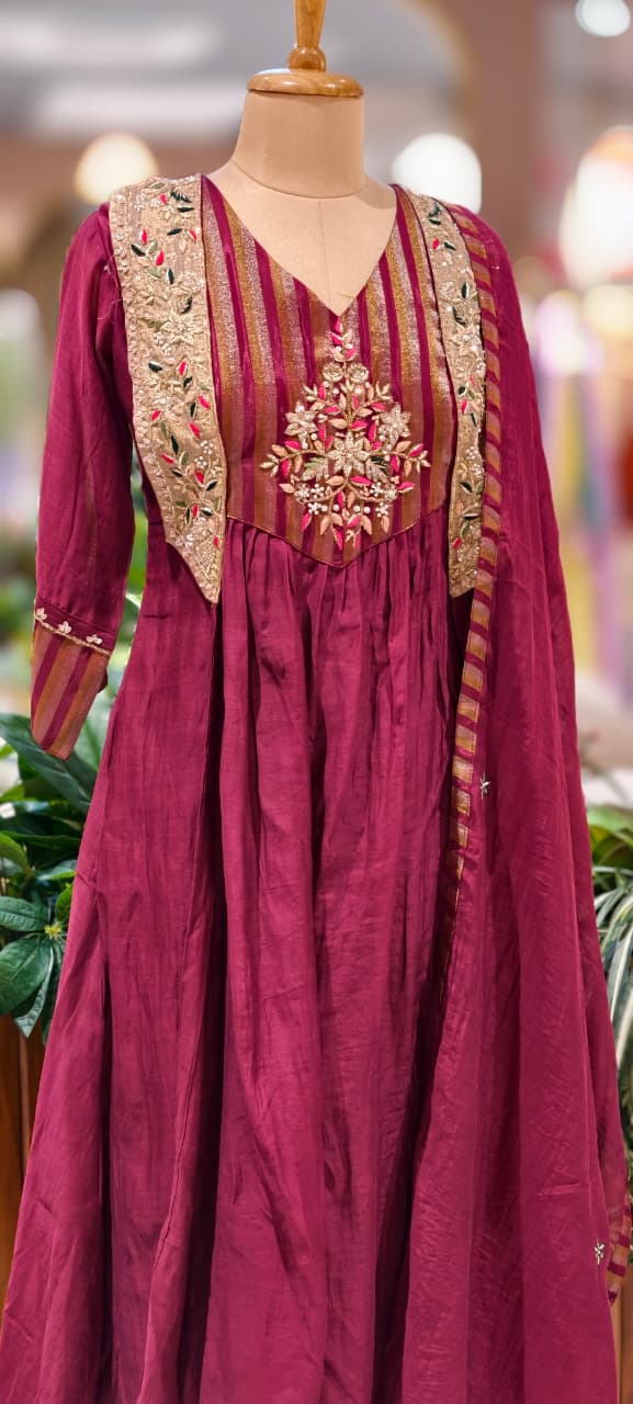 Royal Blush Banarasi Mul Chanderi Floral Ensemble A-Line Full Suit Set With Dupatta- 13449