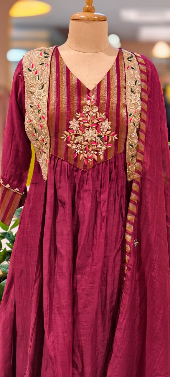 Royal Blush Banarasi Mul Chanderi Floral Ensemble A-Line Full Suit Set With Dupatta- 13449
