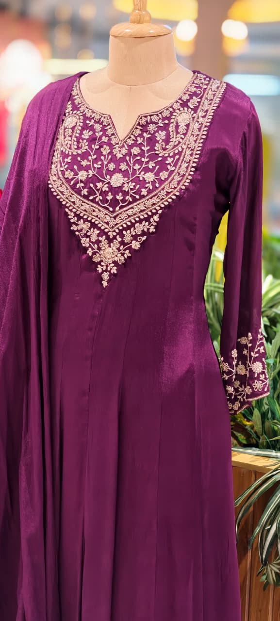 Royal Zardosi Yoke Solid Chinon Panel Anarkali Full Suit Set With Dupatta- 13424