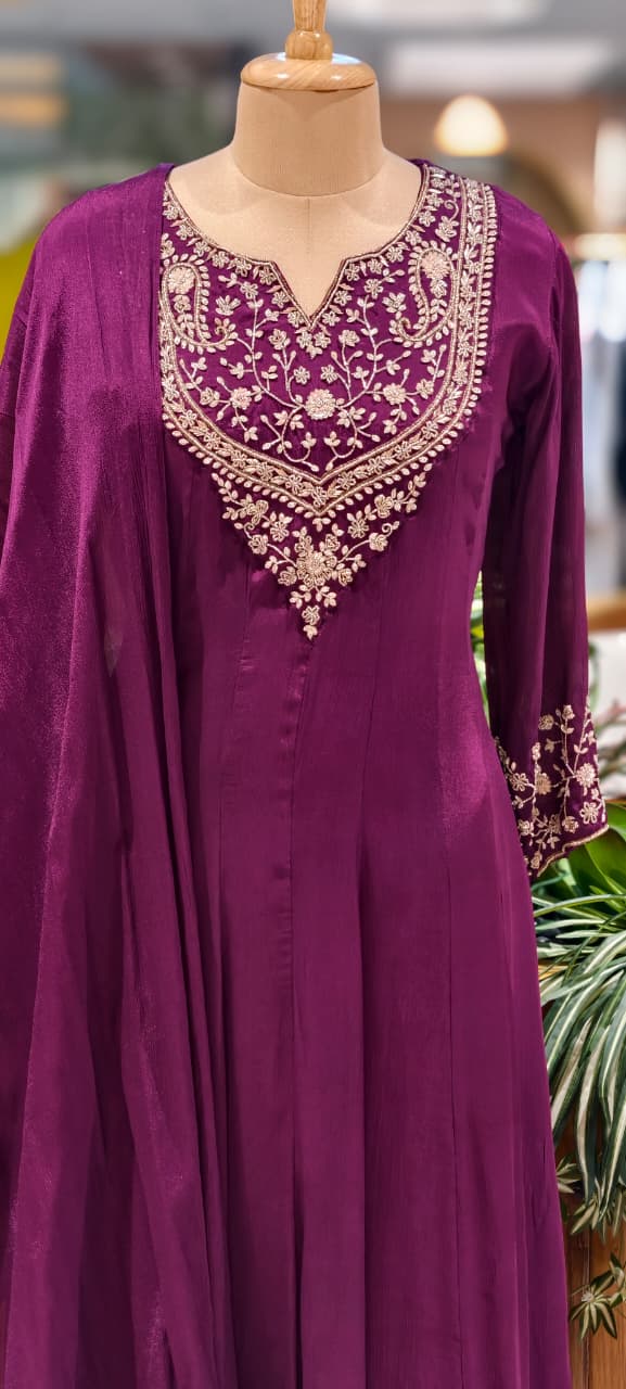 Royal Zardosi Yoke Solid Chinon Panel Anarkali Full Suit Set With Dupatta- 13424