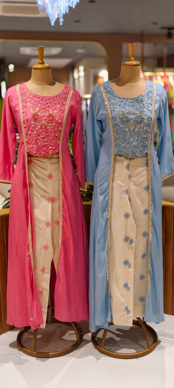 Pastel Elegance Intricate Embroidery Indo Wear Kurta With Bottom In Slub Cotton Fabric- 13496