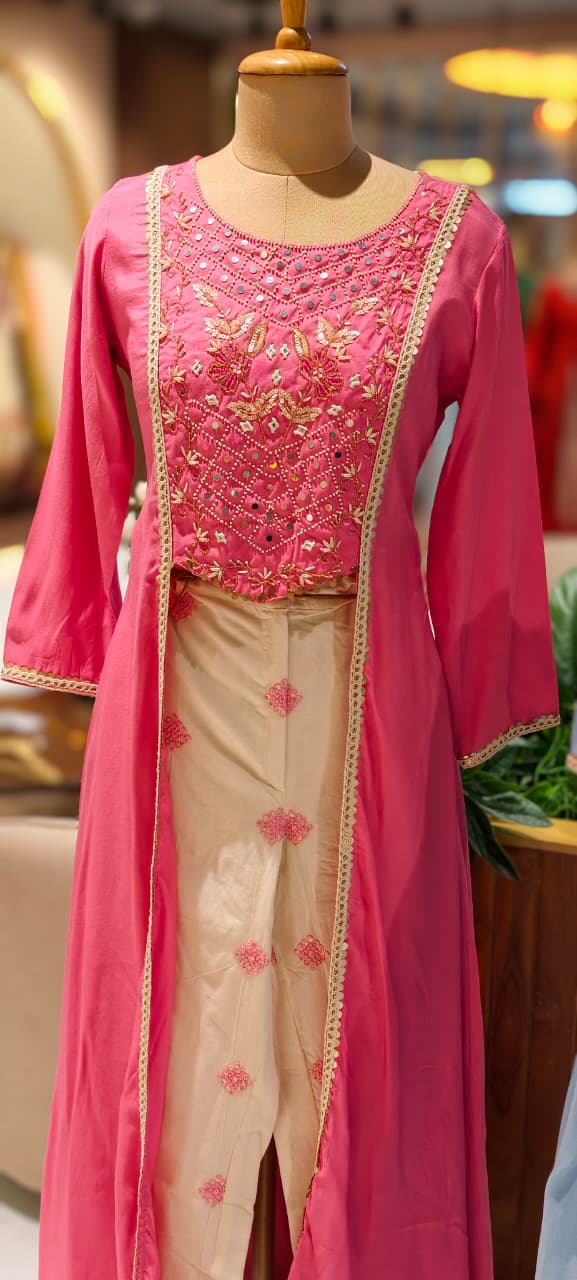 Pastel Elegance Intricate Embroidery Indo Wear Kurta With Bottom In Slub Cotton Fabric- 13496