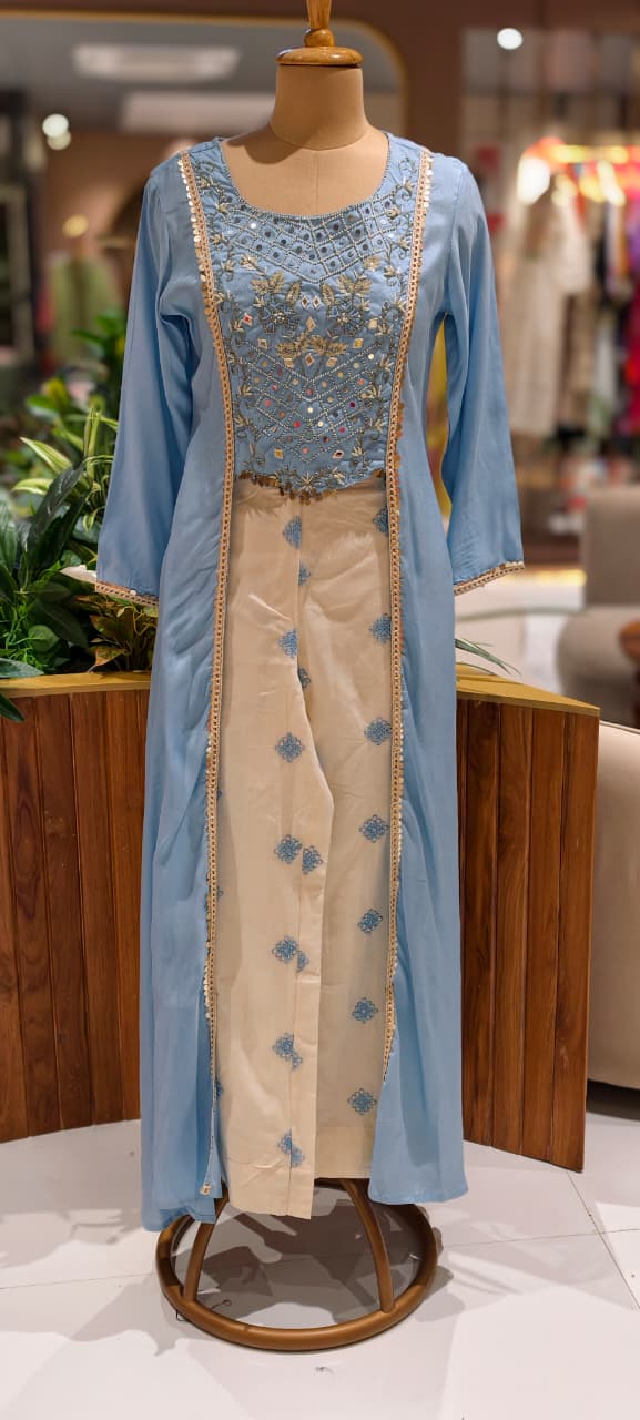 Pastel Elegance Intricate Embroidery Indo Wear Kurta With Bottom In Slub Cotton Fabric- 13496
