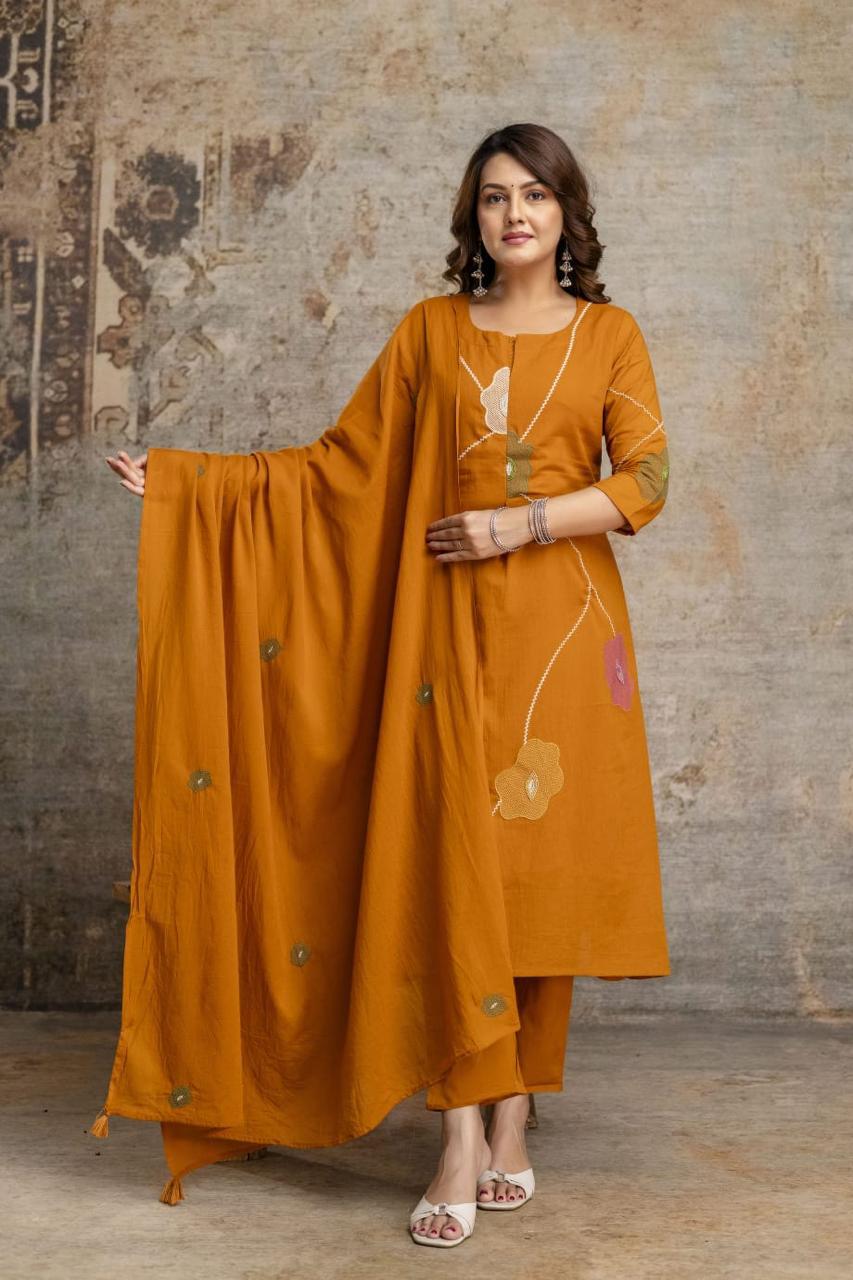 Delicate Floral Appliqué With Linear Contrast Embroidery Cotton Full Suit Set With Dupatta