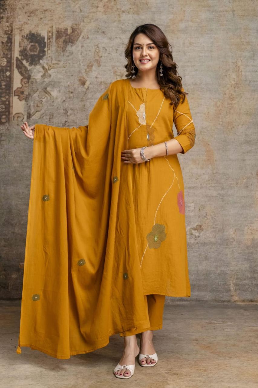 Delicate Floral Appliqué With Linear Contrast Embroidery Cotton Full Suit Set With Dupatta