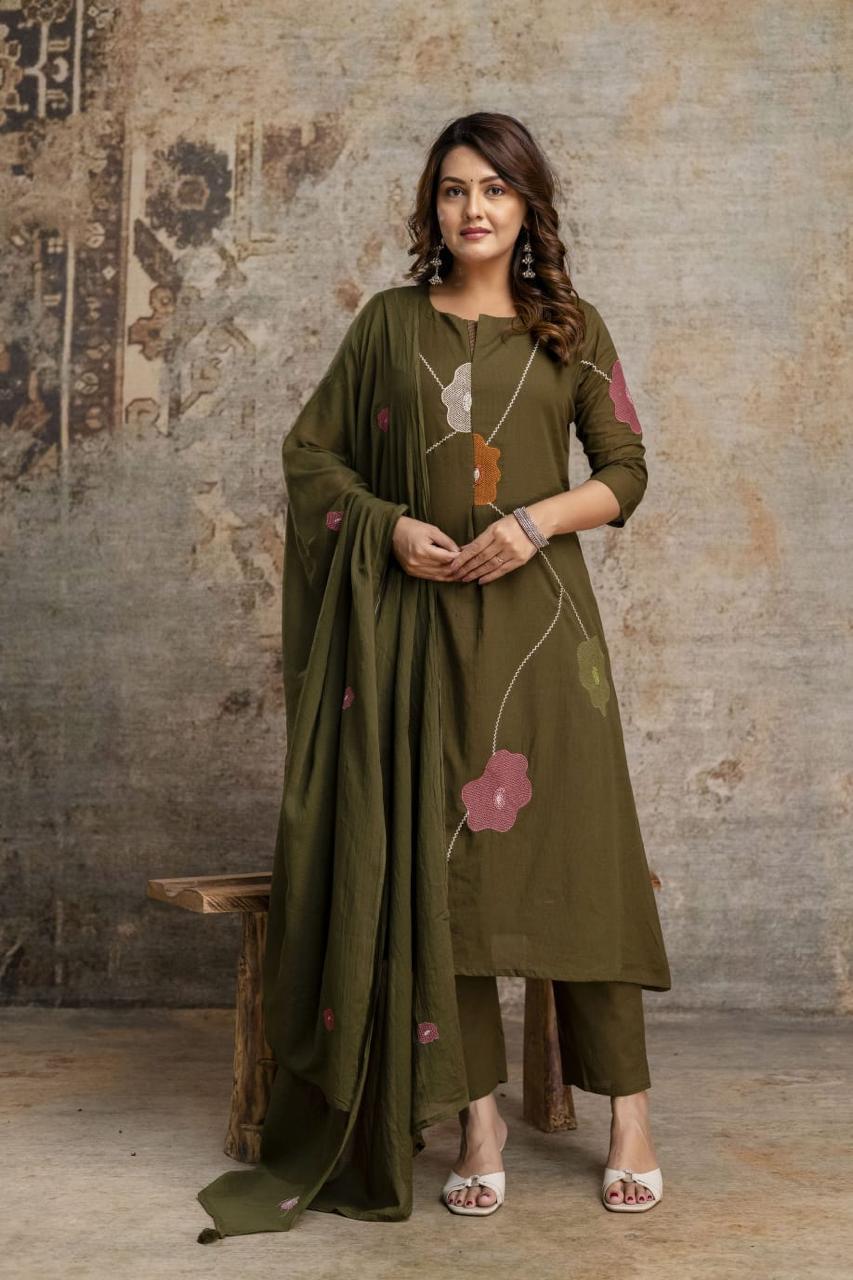 Delicate Floral Appliqué With Linear Contrast Embroidery Cotton Full Suit Set With Dupatta