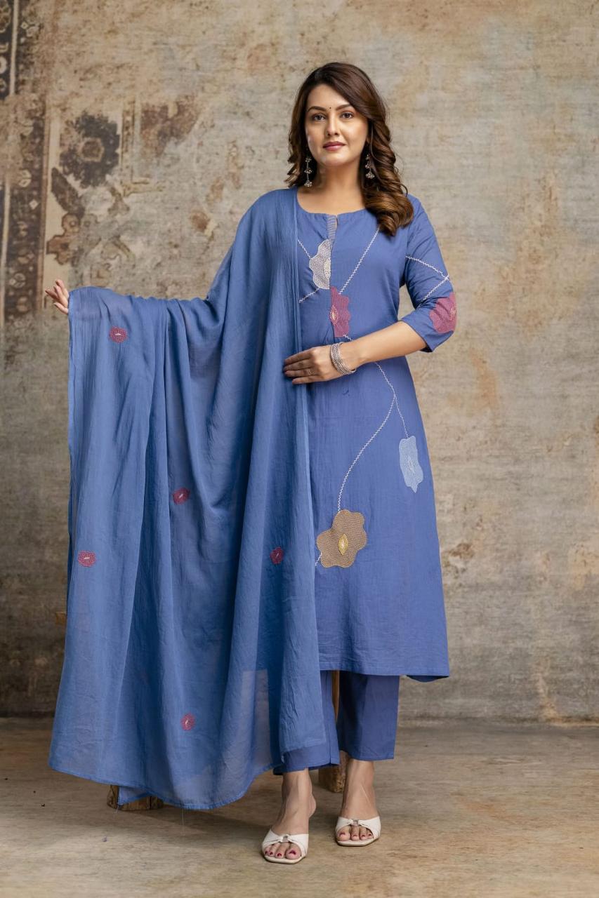 Delicate Floral Appliqué With Linear Contrast Embroidery Cotton Full Suit Set With Dupatta