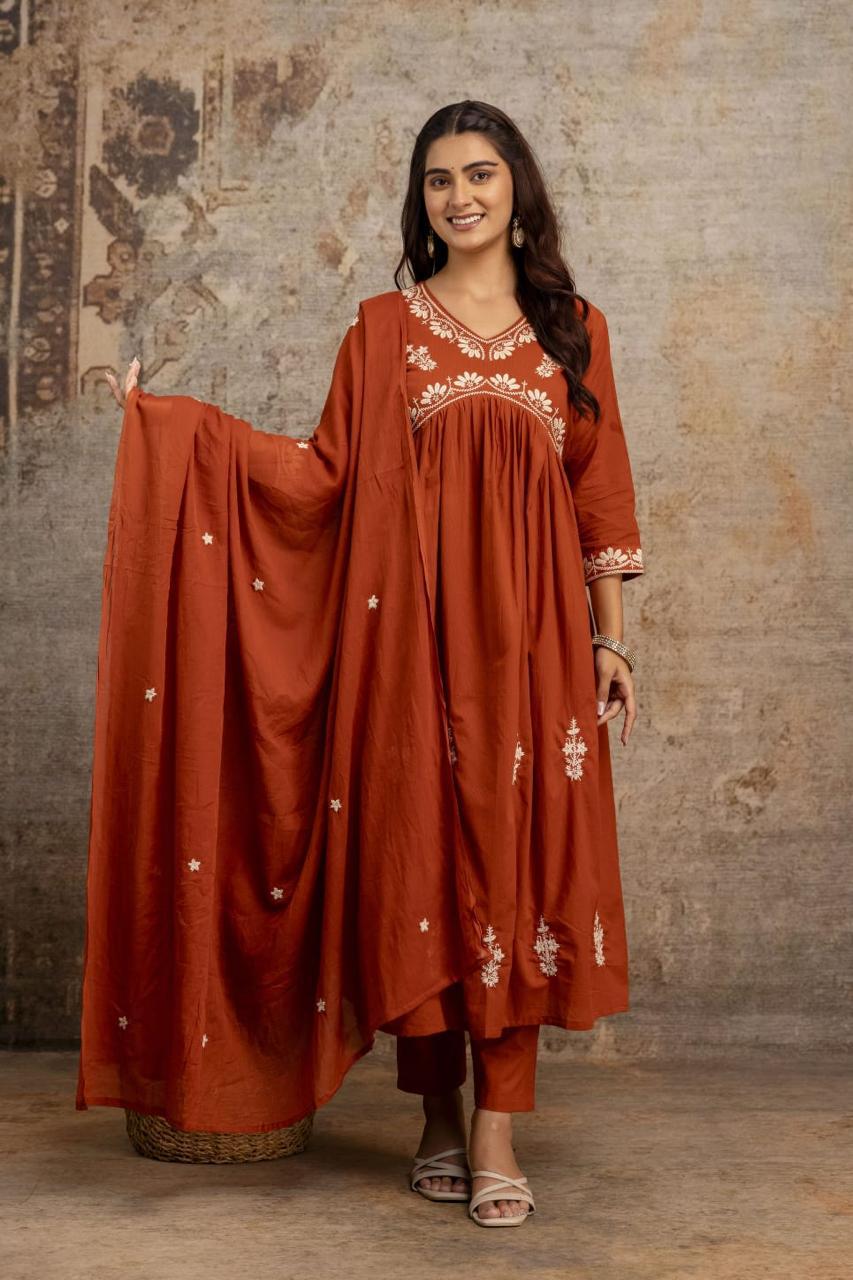 Alia Cut Rich Thread Embroidery Solid A-Line Full Suit Set With Dupatta In Cotton Fabric