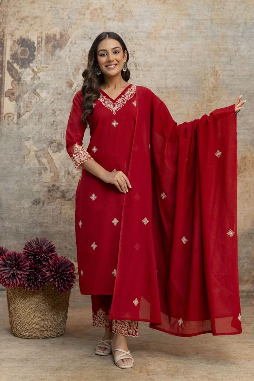 Ethereal Embroidered 3-Piece Set Kurta With Matching Trousers & Coordinated Dupatta