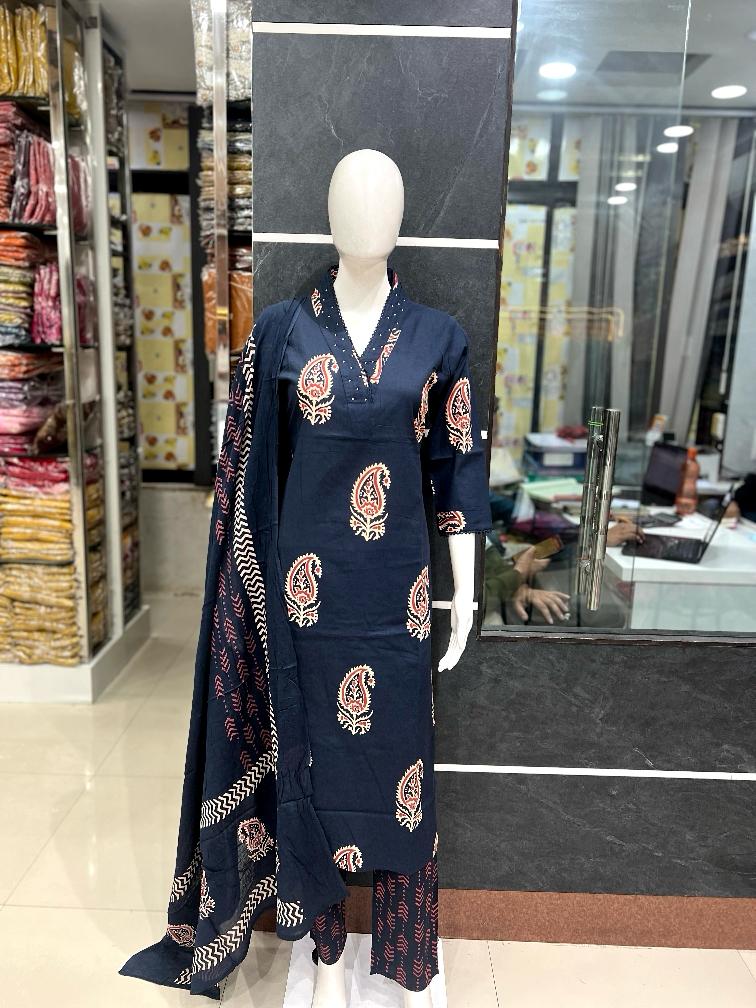 Zinnia Mango Buti Print Matching Full Suit Set With Dupatta In Cotton Fabric