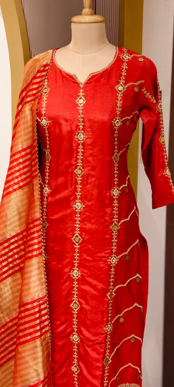 Royal Look Grand Handwork Silk Full Suit Set With Tissue Striped Dupatta- 13447