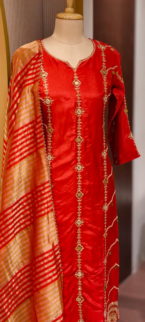 Royal Look Grand Handwork Silk Full Suit Set With Tissue Striped Dupatta- 13447