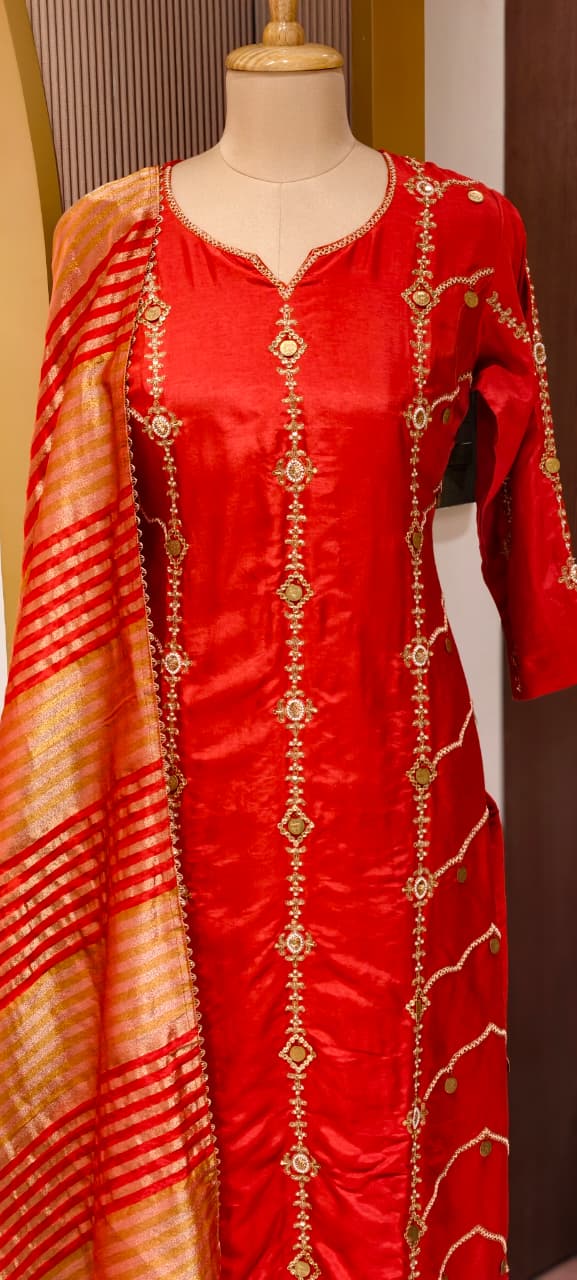 Royal Look Grand Handwork Silk Full Suit Set With Tissue Striped Dupatta- 13447