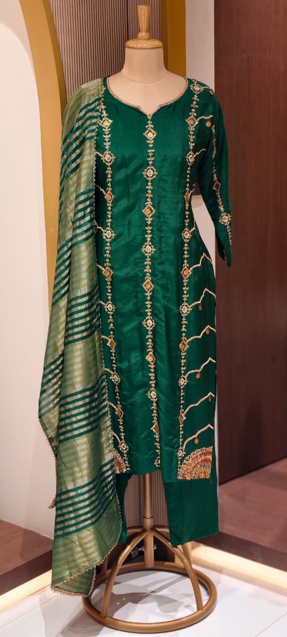 Royal Look Grand Handwork Silk Full Suit Set With Tissue Striped Dupatta- 13447