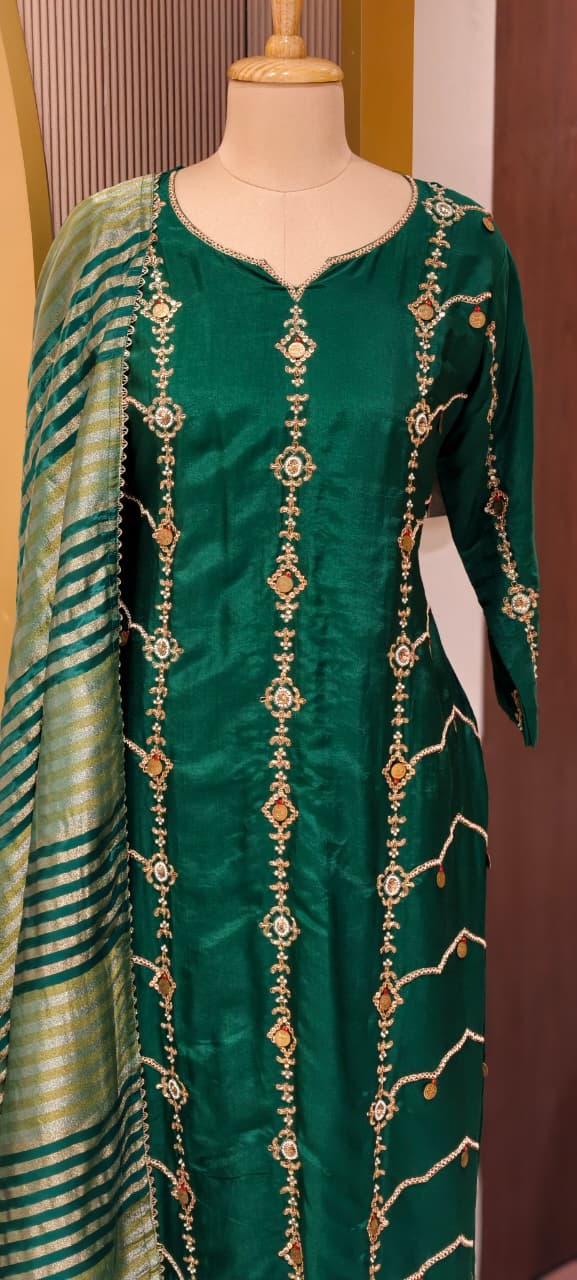 Royal Look Grand Handwork Silk Full Suit Set With Tissue Striped Dupatta- 13447