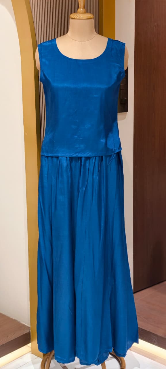 Royal Blue Leafy Brocade Touch Kaftan Look Indo-Western With Bottom & Separate Belt- 13460