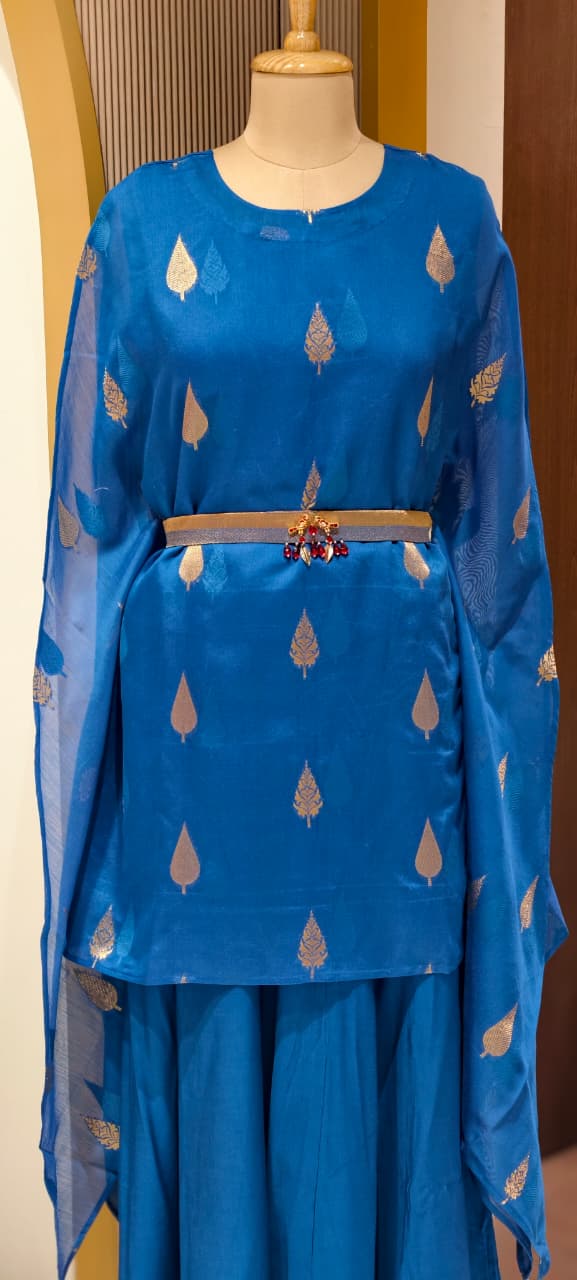 Royal Blue Leafy Brocade Touch Kaftan Look Indo-Western With Bottom & Separate Belt- 13460