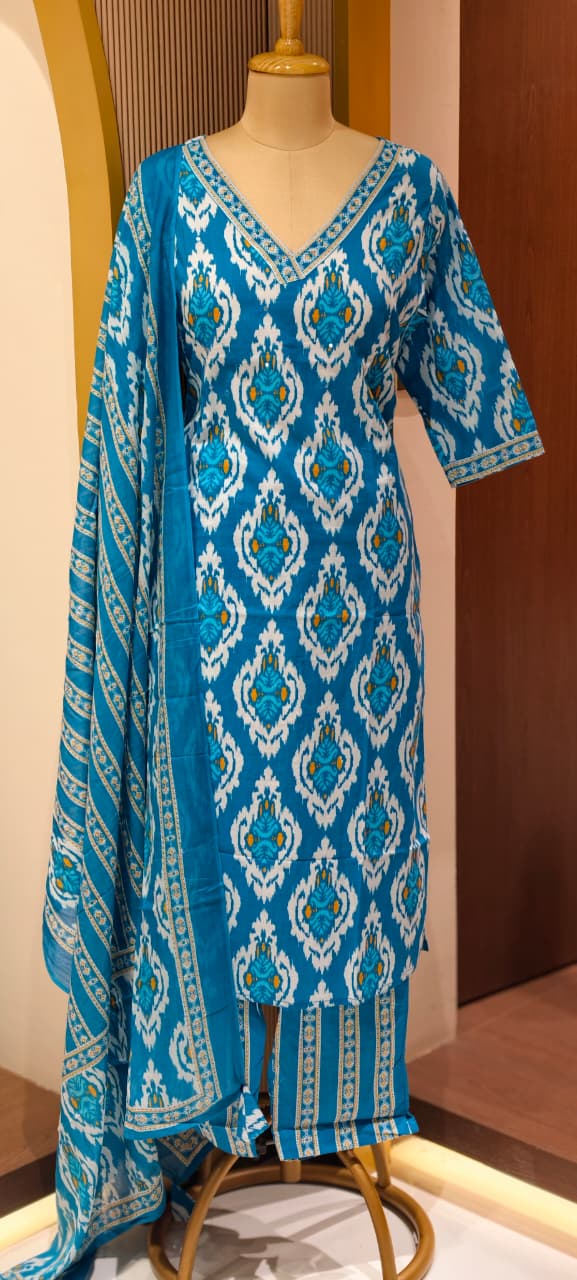 V-neck Aqua Bloom Printed Full Suit Set With Dupatta In Cotton Fabric