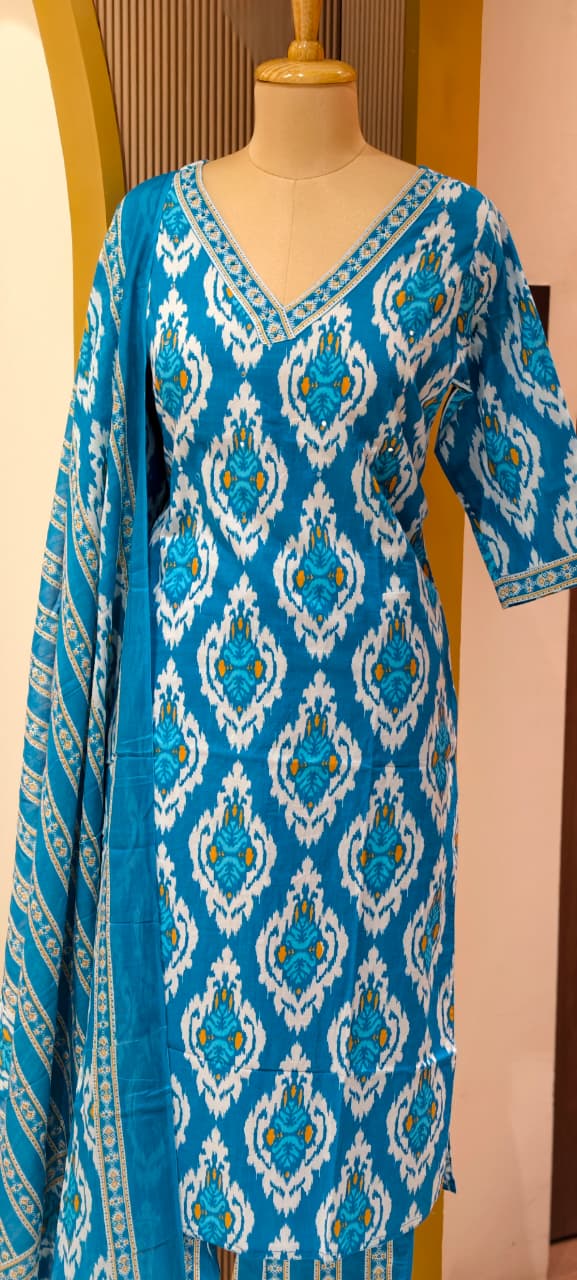 V-neck Aqua Bloom Printed Full Suit Set With Dupatta In Cotton Fabric