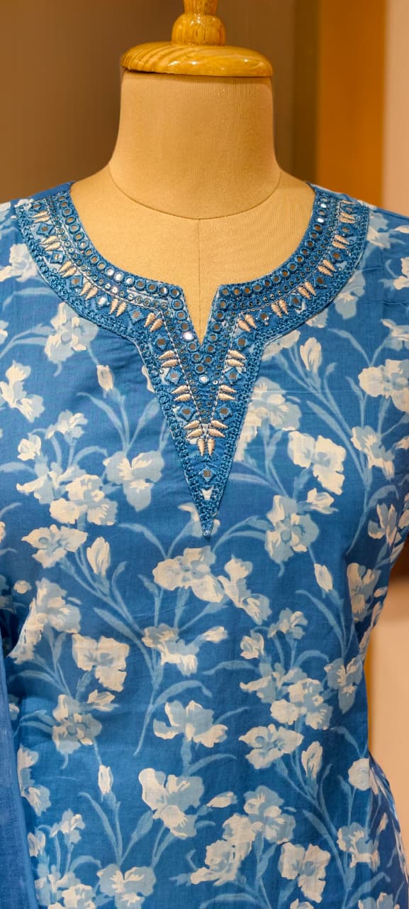 Aqua Melodic Floral Bloom Printed Cotton Full Suit Set With Dupatta-13553