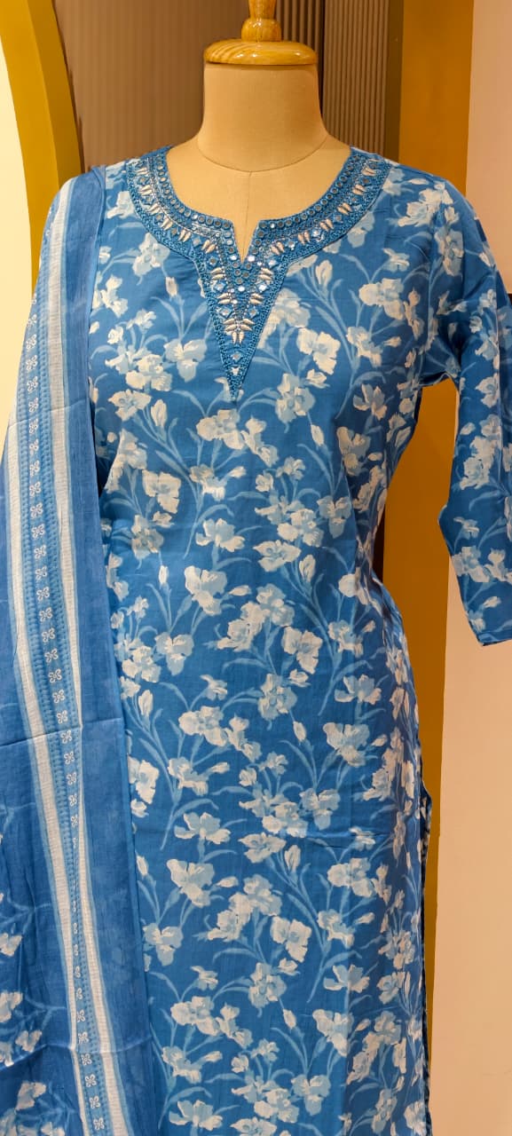 Aqua Melodic Floral Bloom Printed Cotton Full Suit Set With Dupatta-13553