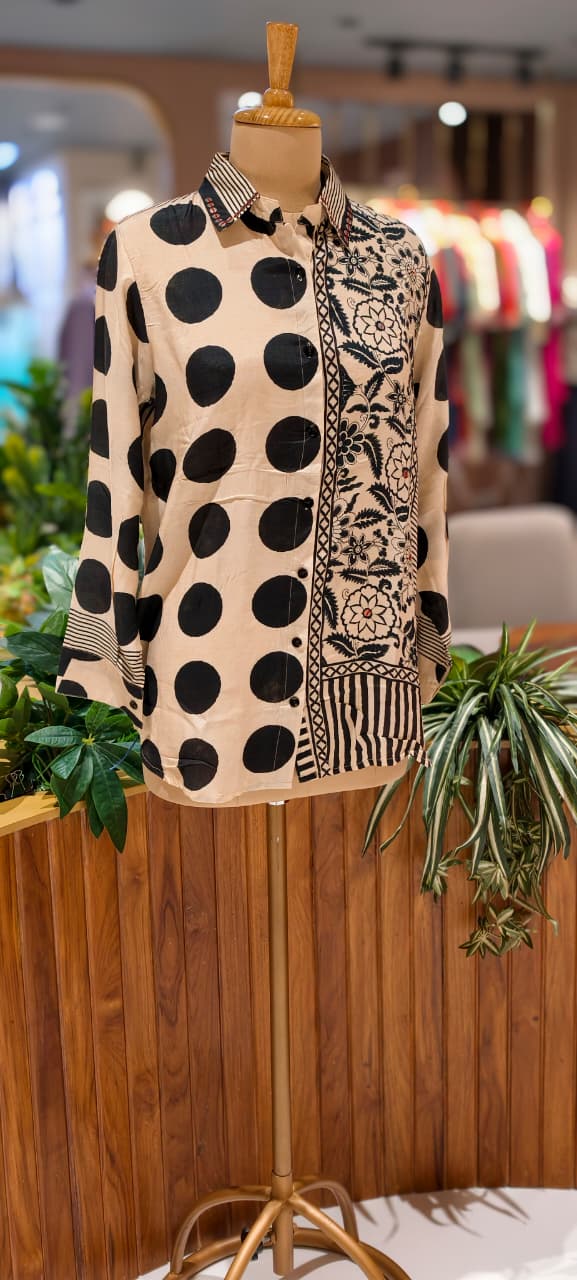 Two Sided Polka With Floral Print Crepe Casual Wear Shirt- 13556