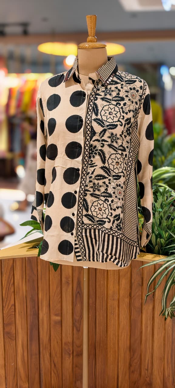 Two Sided Polka With Floral Print Crepe Casual Wear Shirt- 13556