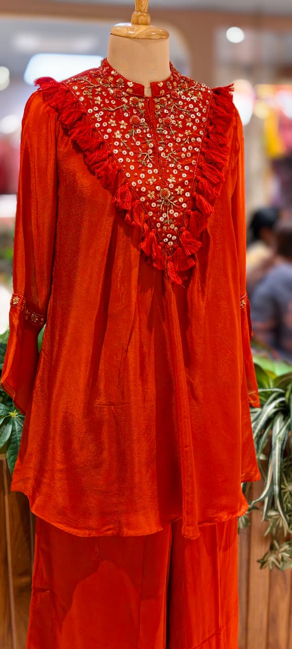 Stylish V-Yoke Boho Thread Look Indo Wear Kurta With Solid Bottom- 13551 RB212