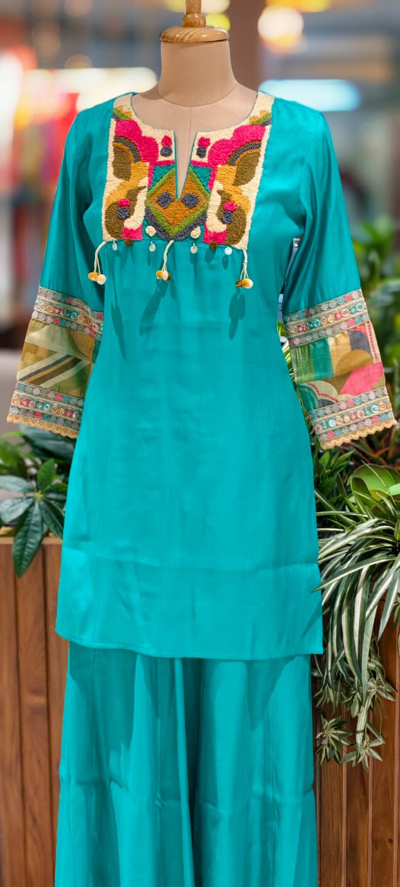 Azure Artisan Multicolor Thread Embroidered A-Line Kurta With Matching Bottom- 13461