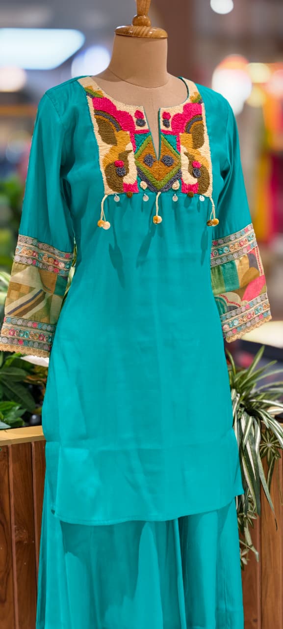 Azure Artisan Multicolor Thread Embroidered A-Line Kurta With Matching Bottom- 13461