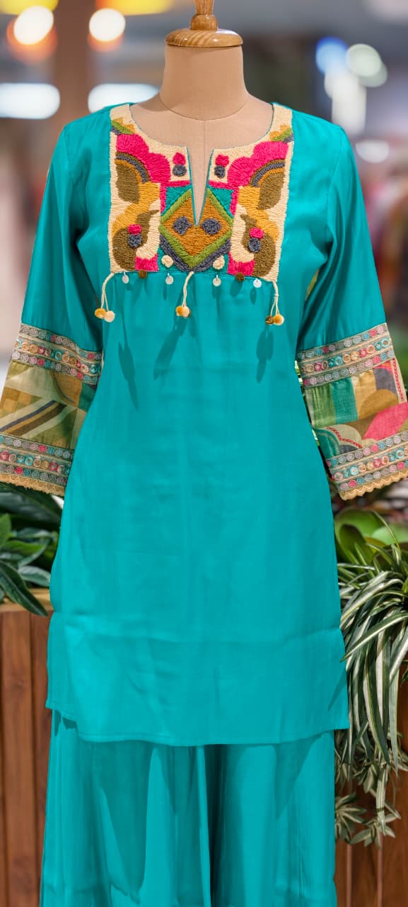 Azure Artisan Multicolor Thread Embroidered A-Line Kurta With Matching Bottom- 13461